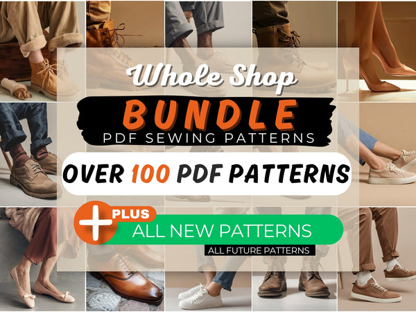 Promotional graphic for a whole shop bundle of PDF sewing patterns with text overlay.