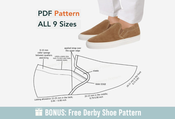 Digital Pattern shoes A4 - Letter PDF, Slip On SNEAKERS, men shoes, all 9 sizes