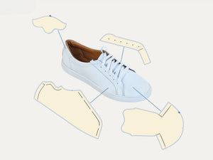 Light blue sneaker with labeled parts on a white background