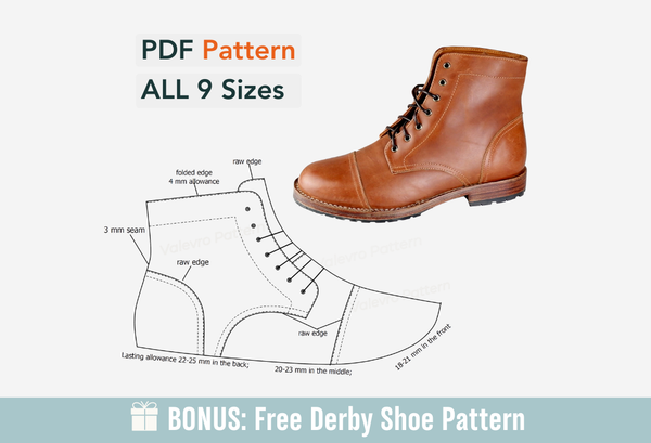 Digital Pattern shoes A4 - Letter PDF, Laces Casual men Boot, all 9 sizes