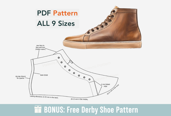 Digital Pattern shoes A4 - Letter PDF, Men Sneakers Premier High Top, all 9 sizes