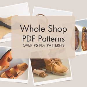 Promotional graphic for Whole Shop PDF Shoe Patterns with images of shoes and text overlay.
