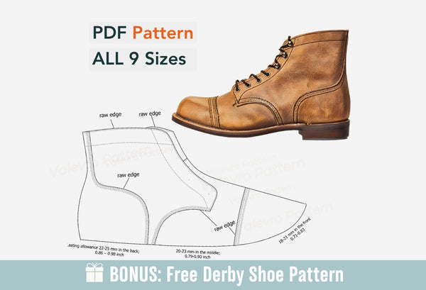 Digitales Muster Schuhe A4 - Brief PDF, Schnürsenkel Casual Herrenstiefel, alle 9 Größen