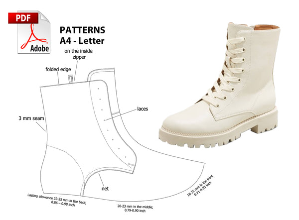 Patrón digital de zapatos en PDF, Bota de mujer con cordones y cremallera, 9 tallas disponibles