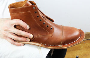 Handcrafting a brown leather Stitchdown Boot step by step during the VALEVRO online shoemaking course.
