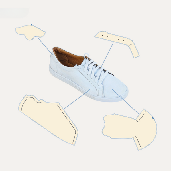 Light blue sneaker displayed on a white background, with its components shown separately as shoemaking patterns.