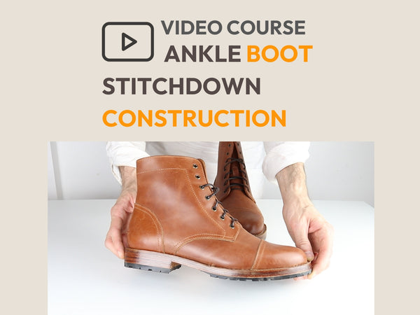 Brown ankle boots being held with text about a video course on stitchdown construction.