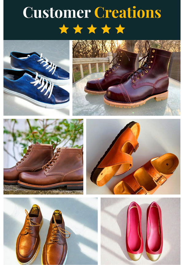 Collage of various shoes showcasing Valevro customers’ shoemaking creations and five-star ratings