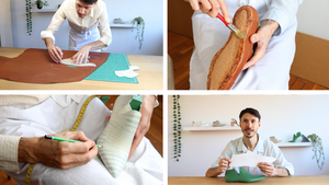 Artisan cutting leather pieces for handmade shoes during the shoemaking process