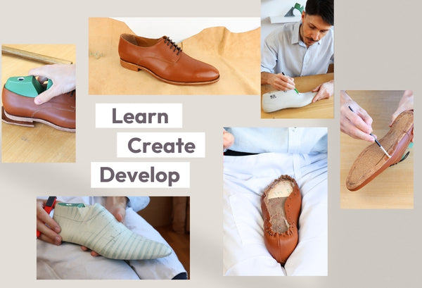 collage of 6 images showing Derby shoe patternmaking and shoemaking process – includes drafting patterns, cutting leather, assembling, lasting, and finished shoes.