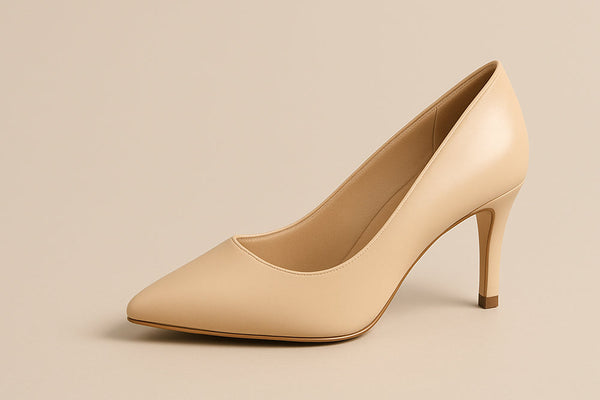 Beige high heel court shoe with a 7 cm stiletto heel and pointed toe, photographed in a wide landscape format on a soft neutral background