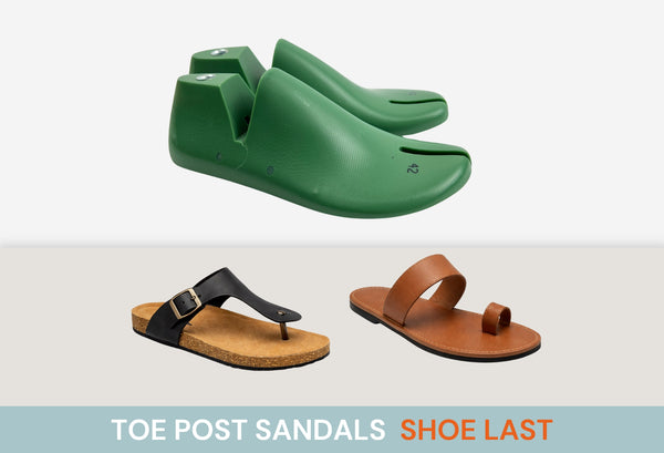 Green and brown toe post sandals on a light gray background with 'Shoe Last' branding.
