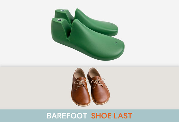 Green shoe last and brown leather shoes on a light background with 'Barefoot Shoe Last' text.