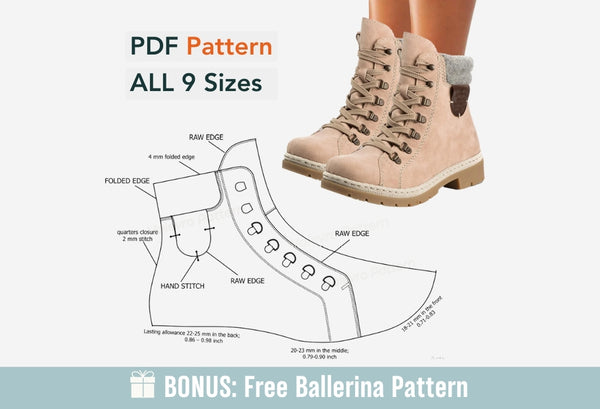 Digital Pattern shoes PDF, Boot 2, Women Laces, all 9 sizes