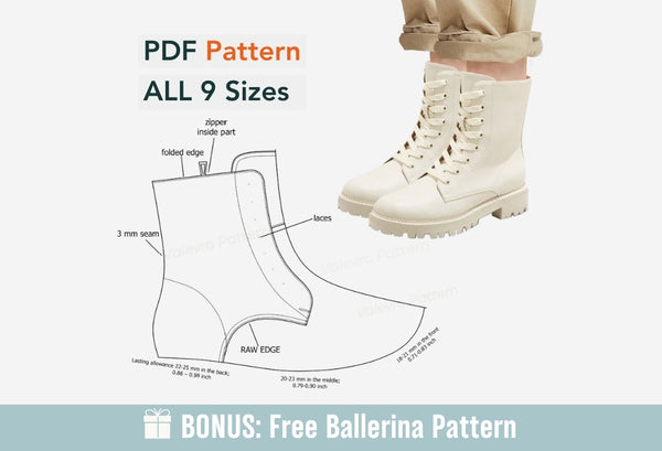 Digital Pattern shoes PDF, Women Laces - Zipper Boot, all 9 sizes