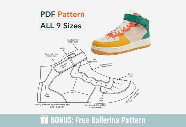 Digital Pattern shoes PDF, Women SNEAKERS Air 1, all 9 sizes