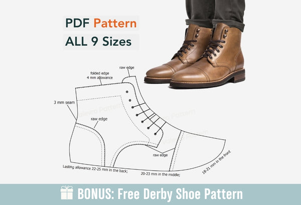 Digital Pattern shoes A4 - Letter PDF, Laces Casual men Boot, all 9 sizes