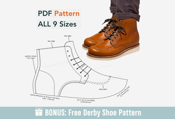 Digital Pattern shoes A4 - Letter PDF, Laces Casual men Moccasin Boot, all 9 sizes