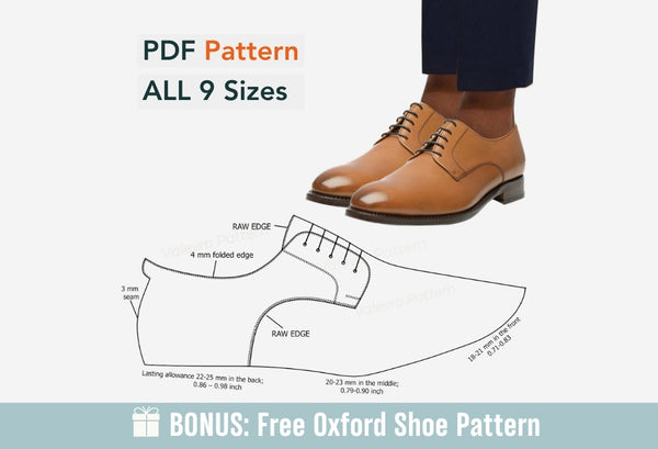 Digital Pattern shoes A4 - Letter PDF, Casual Derby Men shoes, all 9 sizes