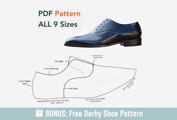 Digital Pattern shoes A4 - Letter PDF, Oxford Men Shoes, all 9 sizes, Video Tutorial