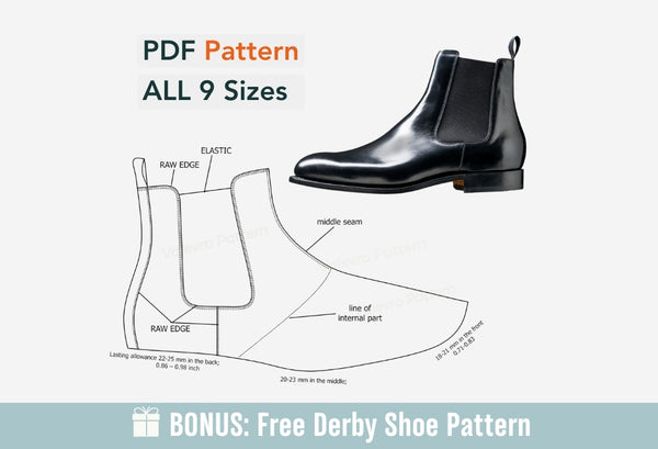 Digital Pattern shoes A4 - Letter PDF, Chelsea Men Boot Elastic II, all 9 sizes