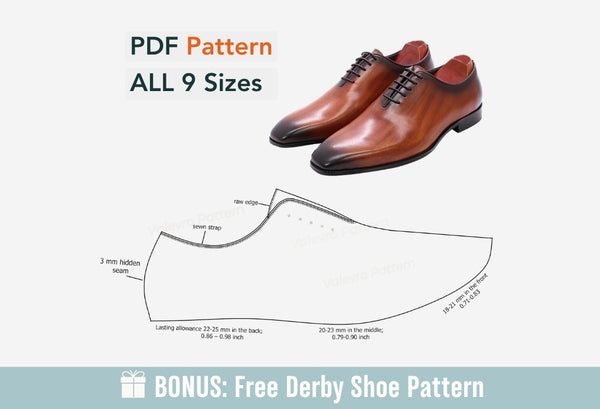 Digital Pattern shoes A4/Letter PDF, Wholecut Oxford Men Shoes, all 9 sizes