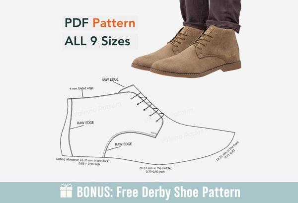 Digital Pattern shoes A4 - Letter PDF, Laces Casual men Boot, all 9 sizes