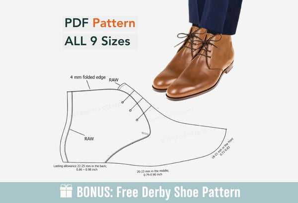 Digital Pattern shoes A4 - Letter PDF, Chukka men Boot II, all 9 sizes