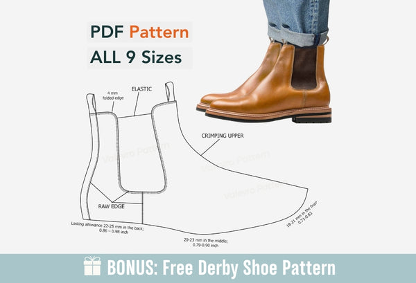 Digital Pattern shoes A4 - Letter PDF, Chelsea Men Boot Elastic, all 9 sizes