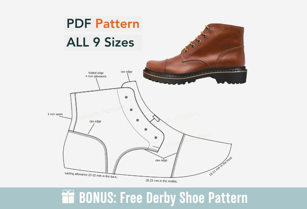 Digital Pattern shoes A4 - Letter PDF, Laces Casual men Boot 3, all 9 sizes