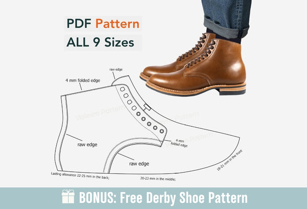 Digital Pattern shoes A4 - Letter PDF, Laces Casual men Boot 1, all 9 sizes