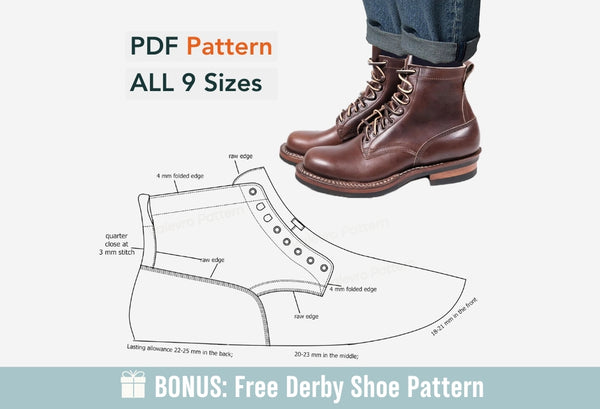 Digital Pattern shoes A4 - Letter PDF, Laces Casual men Boot 2, all 9 sizes