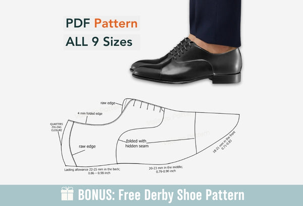 Digital Pattern shoes A4 - Letter PDF, Oxford Men Shoes 2, all 9 sizes