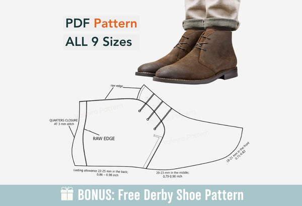 Digital Pattern shoes A4 - Letter PDF, Chukka men Boot, all 9 sizes