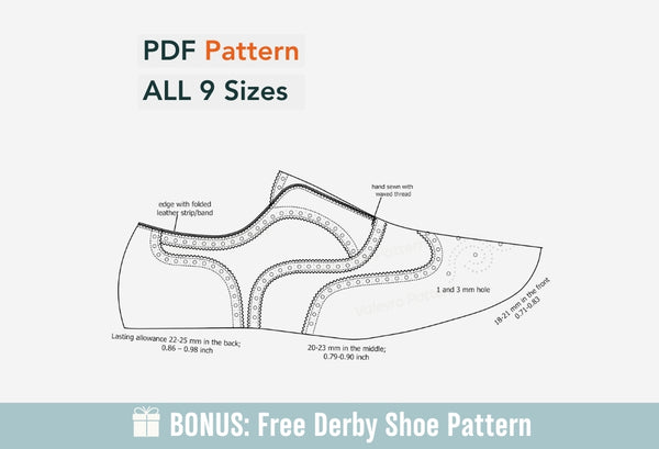 Digital Pattern shoes A4 - Letter PDF, Wingtip Oxford Men Shoes, all 9 sizes