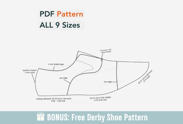 Digital Pattern shoes A4 - Letter PDF, Oxford Men Shoes 3, all 9 sizes