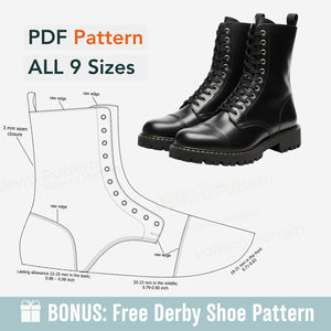 Black combat boots with a shoe pattern diagram and text about PDF patterns and sizes on a white background.