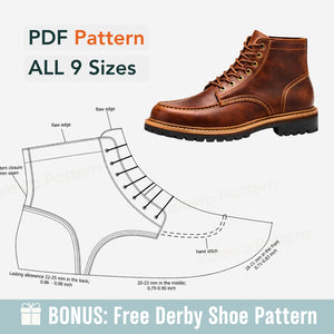 Brown leather boot with shoe pattern diagram and text about PDF pattern and sizes on a white background.