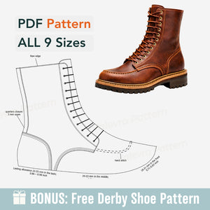 Brown leather boot with shoe pattern and text on a white background