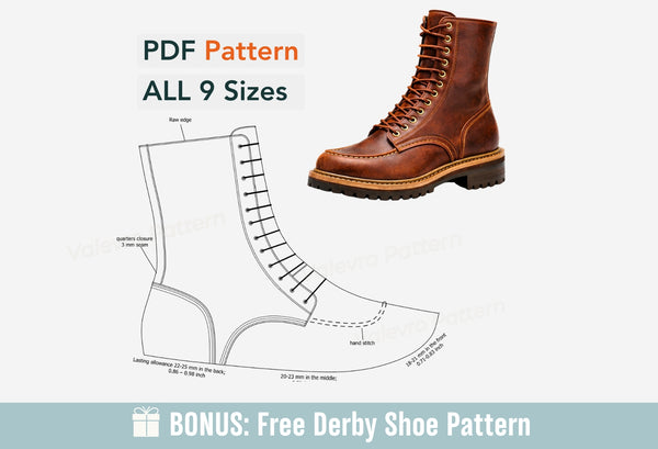Brown leather boot with shoe pattern and text on a white background