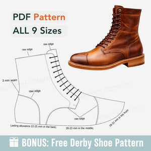 Brown leather boot with shoe pattern and text on a white background