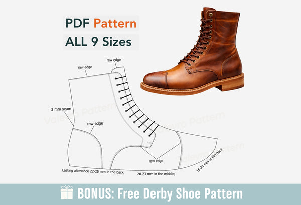 Brown leather boot with shoe pattern and text on a white background