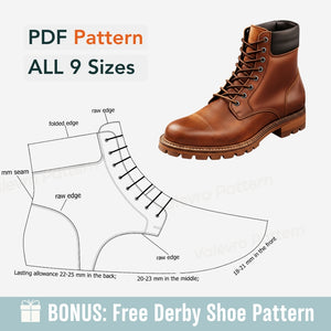 Brown leather boot with shoe pattern diagram and text on a white background