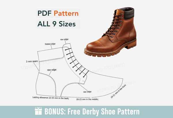 Brown leather boot with shoe pattern diagram and text on a white background