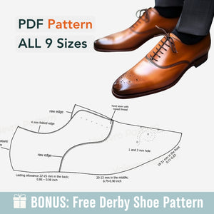 Brown dress shoes with shoe pattern and size information on a white background
