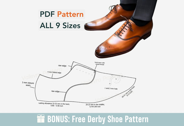 Brown dress shoes with shoe pattern and size information on a white background