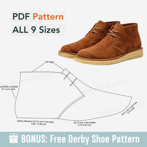 Brown suede chukka shoes with a shoe pattern diagram and text about PDF patterns and sizes on a white background.