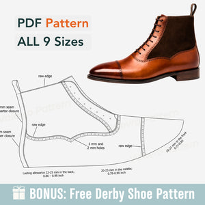 Brown leather balmoral boots  with a shoe pattern diagram and text about PDF patterns and sizes on a white background.