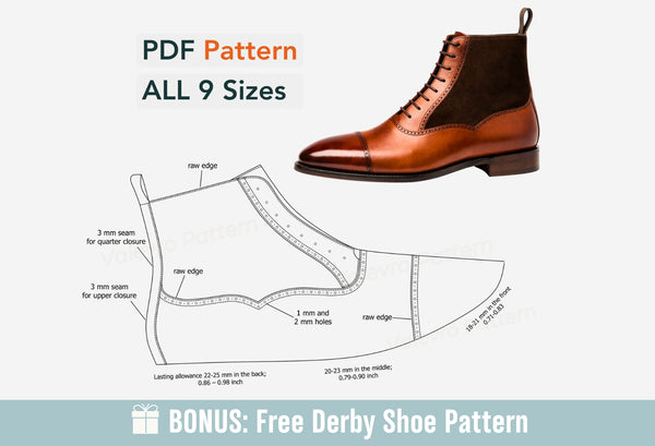 Brown leather balmoral boots  with a shoe pattern diagram and text about PDF patterns and sizes on a white background.