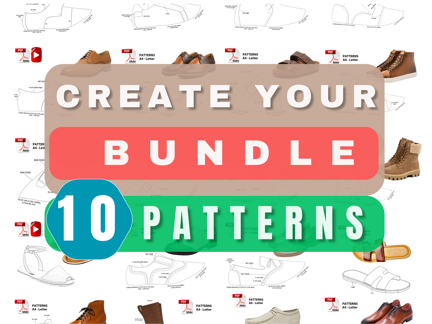 Digital Pattern shoes PDF , Create your Bundle, 10 models patterns, DIY